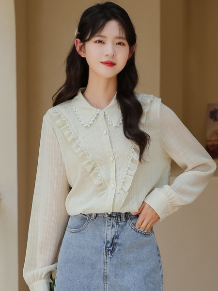 Moteriški elegantiški marškiniai su garbanomis ir klasikine apykakle