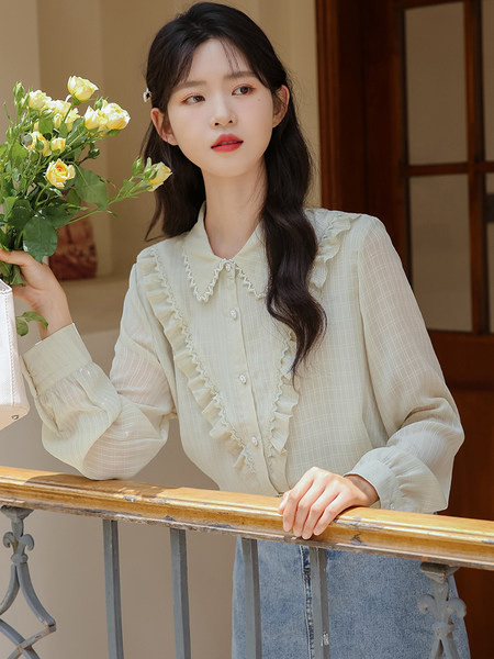 Moteriški elegantiški marškiniai su garbanomis ir klasikine apykakle