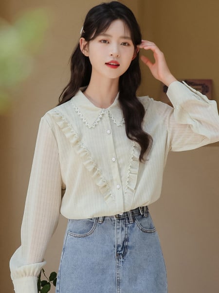 Moteriški elegantiški marškiniai su garbanomis ir klasikine apykakle