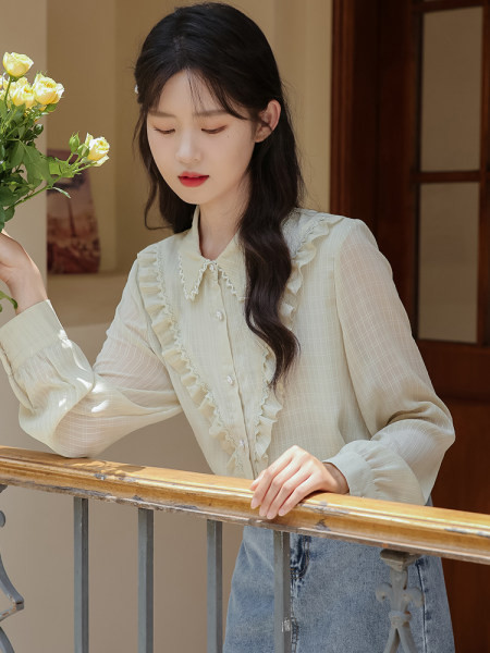 Moteriški elegantiški marškiniai su garbanomis ir klasikine apykakle