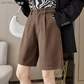 Kohvi kõrge vöökohaga villased laia säärega lühikesed püksid, naiste 2021. aasta talvine põlvepikkus avara villane kapriis lühikesed püksid, naiste töö Bermuda