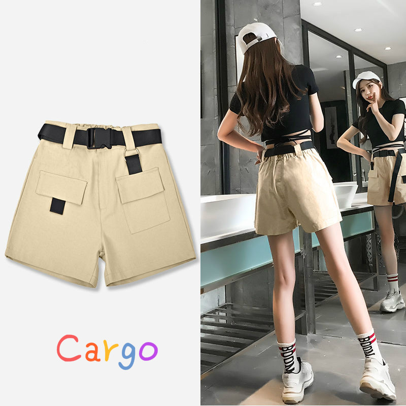 Női rövidnadrágok, nyár 2020 Bf, laza derékközép, teherbírású, khaki színű, alkalmi öv, tömör zsebek, menő utcai divat, elegáns, újdonság hölgyek, divatos új