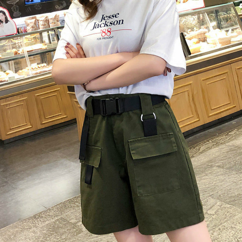 Női rövidnadrágok, nyár 2020 Bf, laza derékközép, teherbírású, khaki színű, alkalmi öv, tömör zsebek, menő utcai divat, elegáns, újdonság hölgyek, divatos új