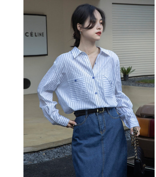 Laia mustriga triibuline särk nööpide ja taskuga