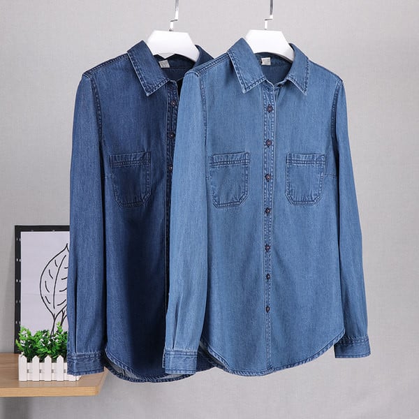 Naiste taskutega teksasärk - sinine värv