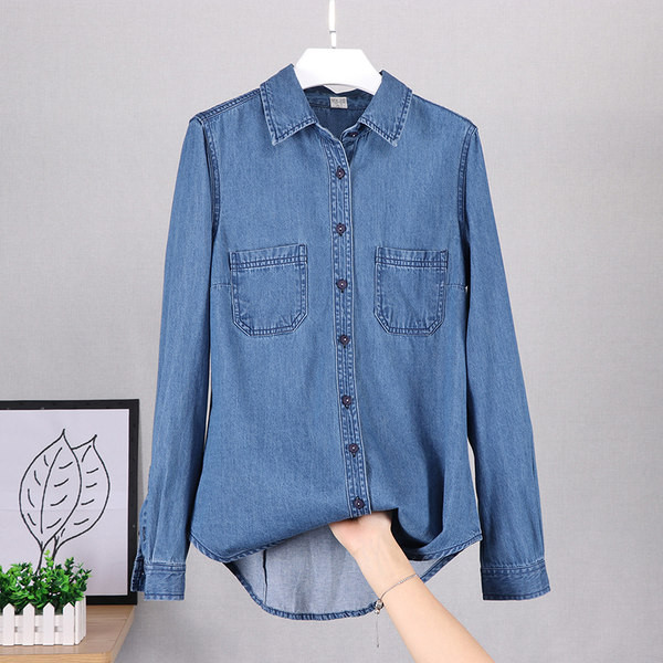 Naiste taskutega teksasärk - sinine värv