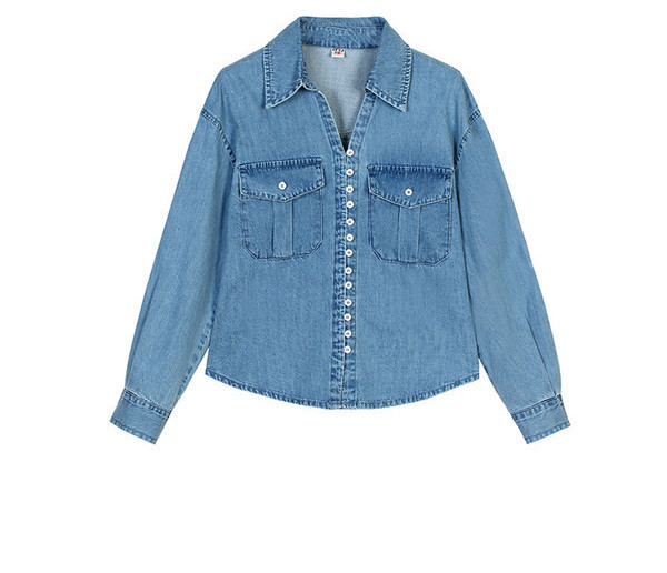 Moteriški džinsiniai marškiniai su V formos iškirpte ir sagomis