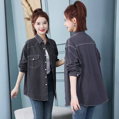 Rudeniniai moteriški marškiniai su kišene spalvotoje padangoje