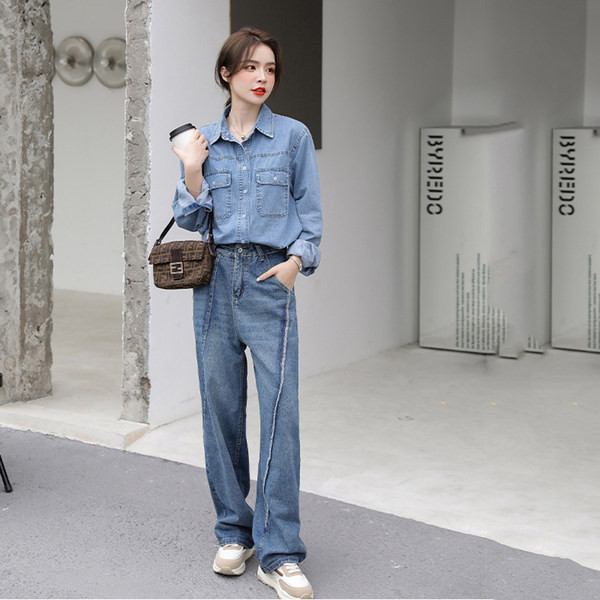 Cămașă din denim de toamnă pentru femei cu buzunare