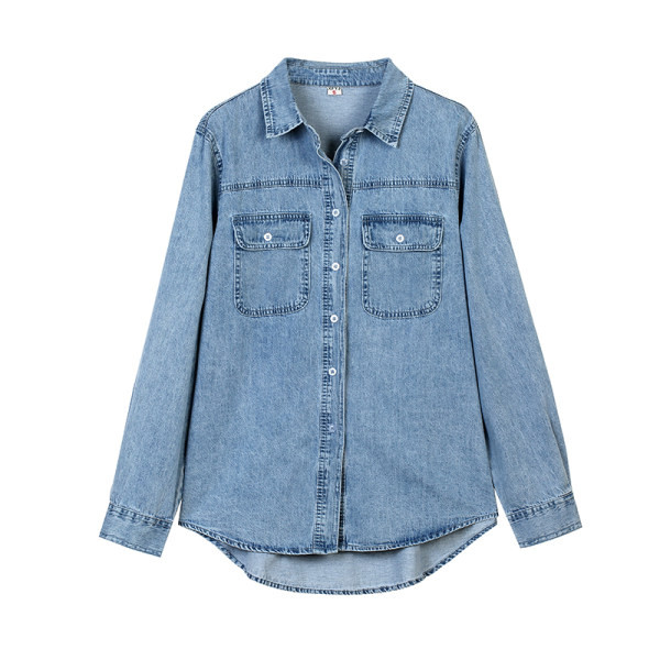 Cămașă din denim de toamnă pentru femei cu buzunare