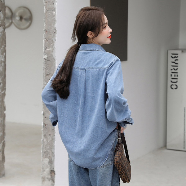 Cămașă din denim de toamnă pentru femei cu buzunare