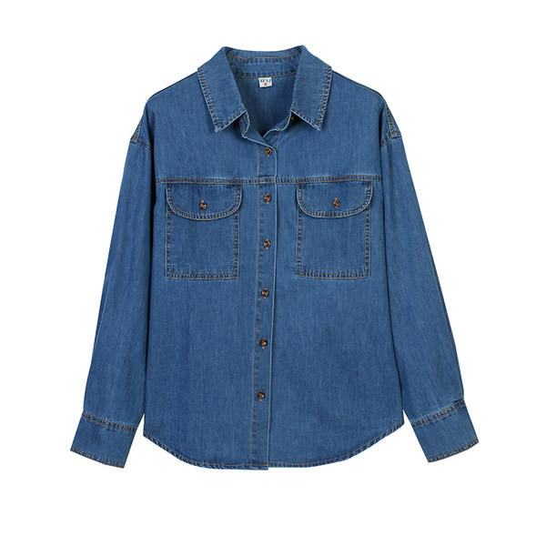 Cămașă de toamnă din denim cu buzunare în stil retro