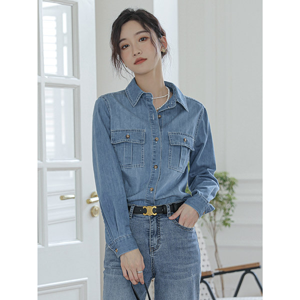 Cămașă casual de damă din denim cu buzunare - culoare albastră