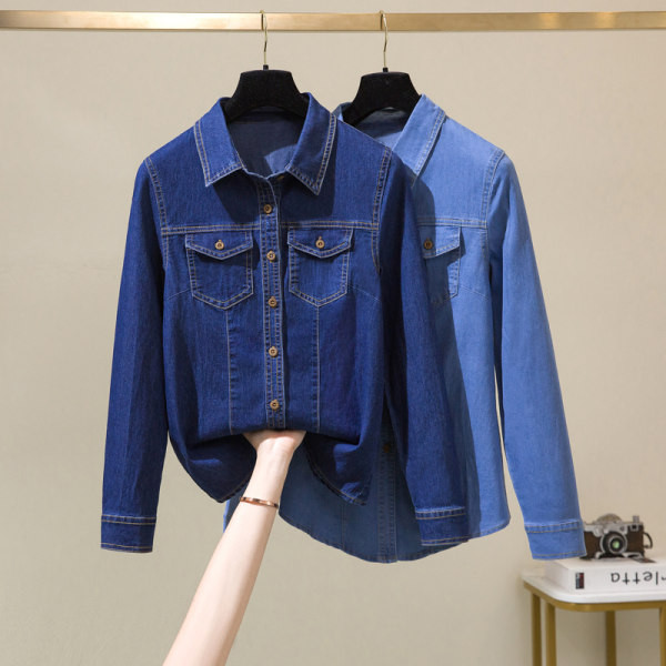 Modernūs moteriški marškiniai su klasikine džinsine apykakle