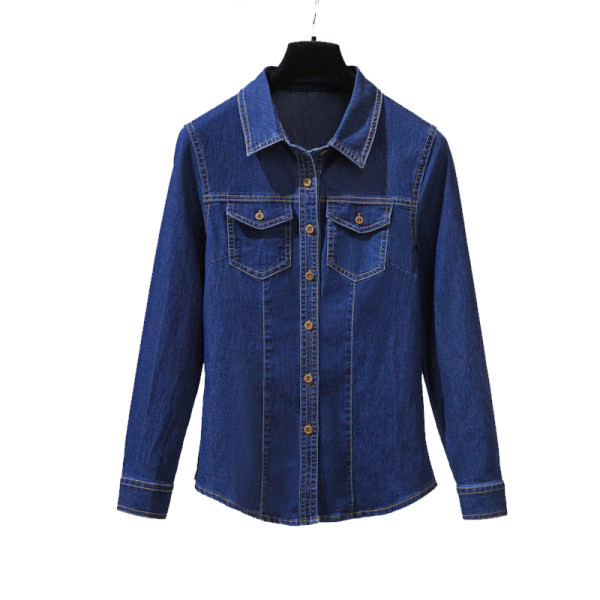 Modernūs moteriški marškiniai su klasikine džinsine apykakle