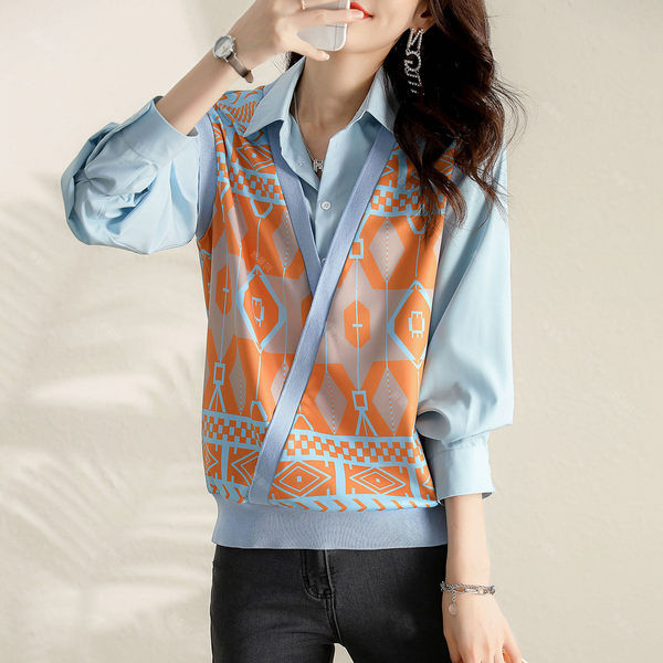 Modernūs moteriški marškiniai smailia iškirpte ir ilgomis rankovėmis