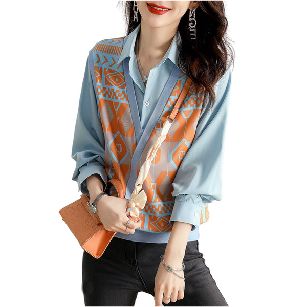 Modernūs moteriški marškiniai smailia iškirpte ir ilgomis rankovėmis