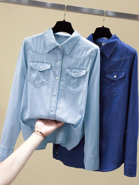 Moteriški džinsiniai marškiniai ilgomis rankovėmis, sagomis ir kišene