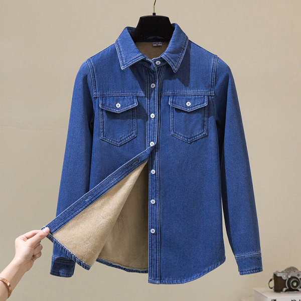 Moteriški džinsiniai marškiniai su šiltu pamušalu