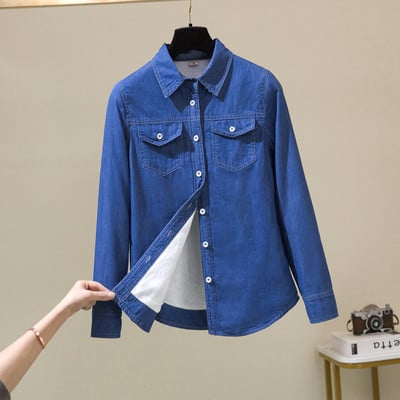 Moteriški džinsiniai marškiniai su pamušalu ir klasikine apykakle