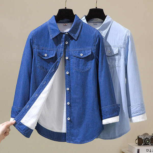 Moteriški džinsiniai marškiniai su pamušalu ir klasikine apykakle