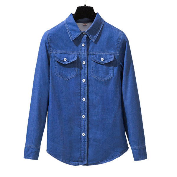 Moteriški džinsiniai marškiniai su pamušalu ir klasikine apykakle