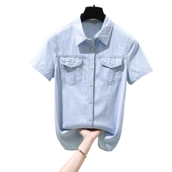 Džinsiniai marškiniai trumpomis rankovėmis, sagomis ir kišene