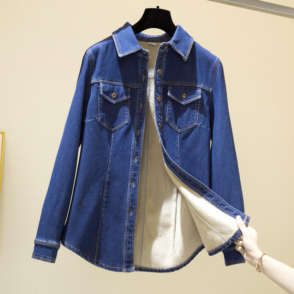 Džinsiniai marškiniai su klasikine apykakle ir pūkiniu pamušalu