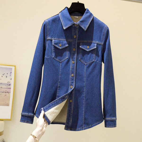 Džinsiniai marškiniai su klasikine apykakle ir pūkiniu pamušalu