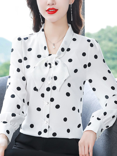 Moteriški marškiniai su raštu ir kaspinine apykakle