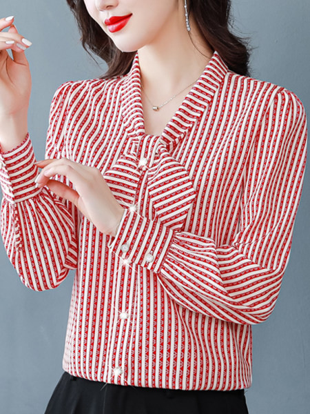 Moteriški dryžuoti marškiniai su kaspinu ir sagomis