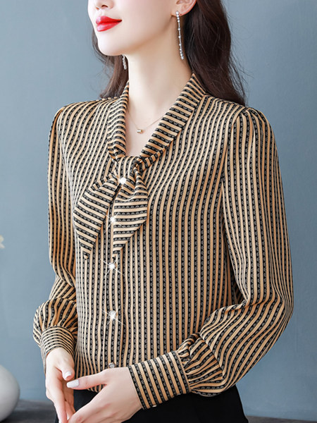 Moteriški dryžuoti marškiniai su kaspinu ir sagomis