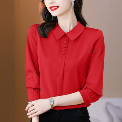 Naiste klassikalise kraega satiinsärk - punast ja pruuni värvi