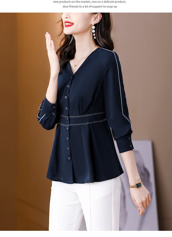 Moodne pikkade varrukatega V-kaelusega särk naistele