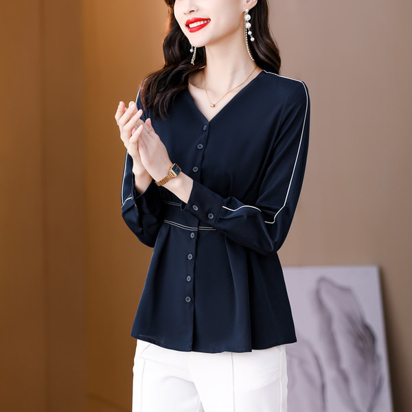 Moodne pikkade varrukatega V-kaelusega särk naistele