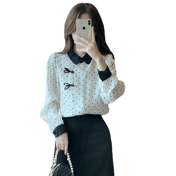 Sieviešu elegants punktveida krekls ar klasisku apkakli