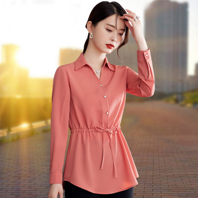 Madingi moteriški marškiniai su kaklaraiščiais ties juosmeniu