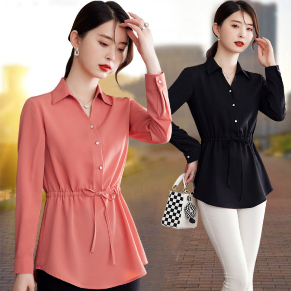 Madingi moteriški marškiniai su kaklaraiščiais ties juosmeniu