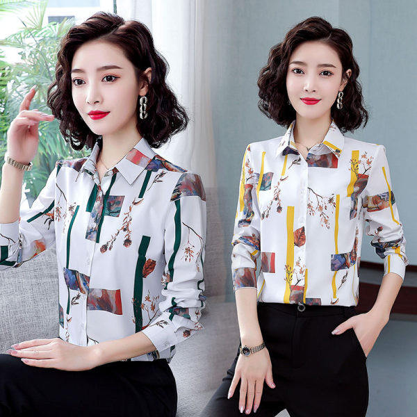 Elegáns női ing klasszikus gallérral, színes motívumokkal