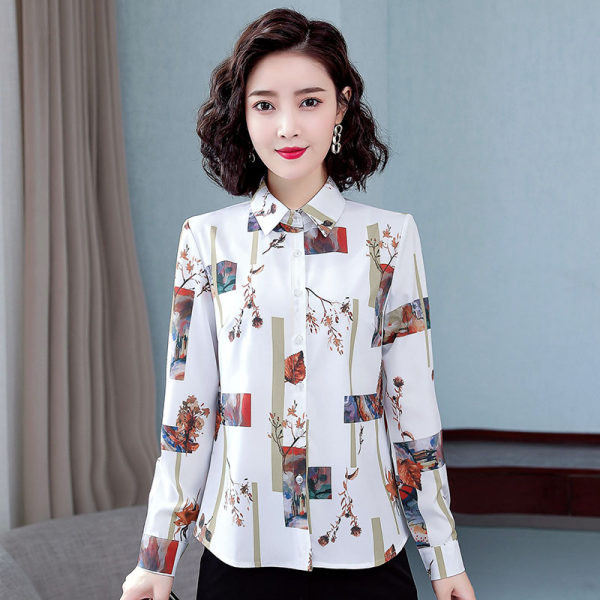 Elegáns női ing klasszikus gallérral, színes motívumokkal