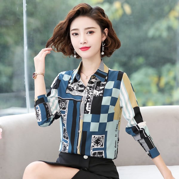 Naiste elegantne klassikalise krae ja lillemotiividega särk