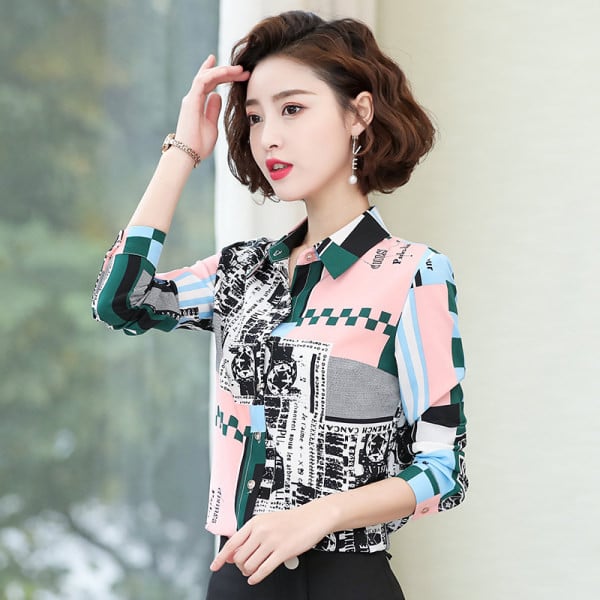 Naiste elegantne klassikalise krae ja lillemotiividega särk