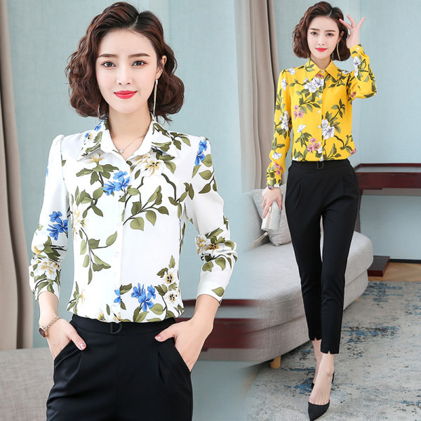 Moteriški marškiniai su klasikine apykakle ir gėlių motyvais