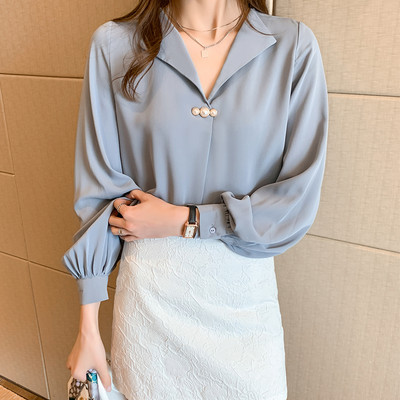 Elegantiški moteriški marškiniai ilgomis rankovėmis ir perlų puošyba