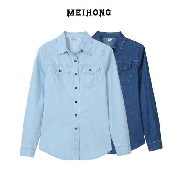 Naiste vabaaja taskutega teksasärk