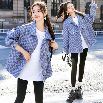 Camasa din denim in carouri model nou cu maneci lungi si inchidere cu nasturi