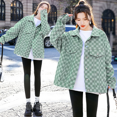 Camasa din denim in carouri model nou cu maneci lungi si inchidere cu nasturi