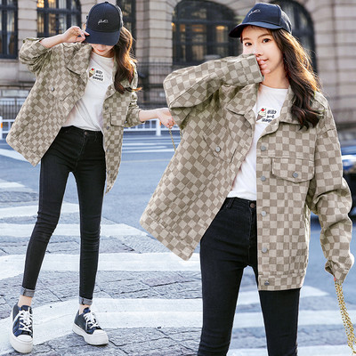 Camasa din denim in carouri model nou cu maneci lungi si inchidere cu nasturi