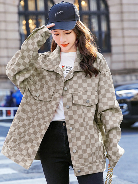 Camasa din denim in carouri model nou cu maneci lungi si inchidere cu nasturi