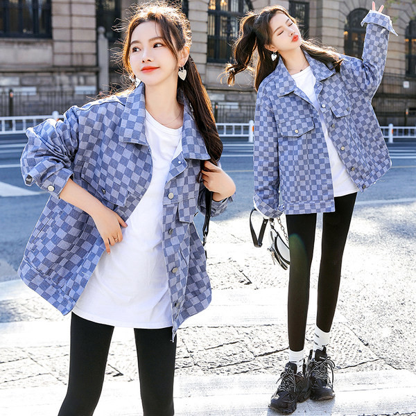 Camasa din denim in carouri model nou cu maneci lungi si inchidere cu nasturi